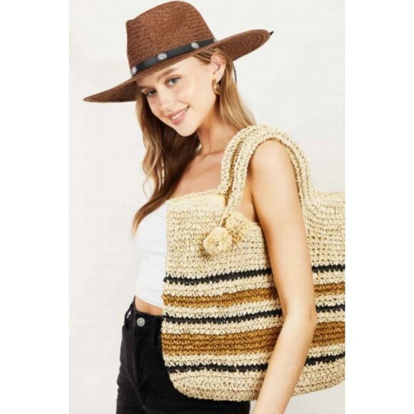 Fame Striped Straw Braided Tote Bag - Picture 1 of 4